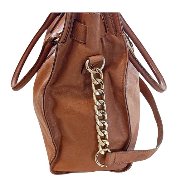 Michael MICHAEL East West Brown Leather With Gold Lock Shoulder Bag Satchel Tote - Picture 4 of 11